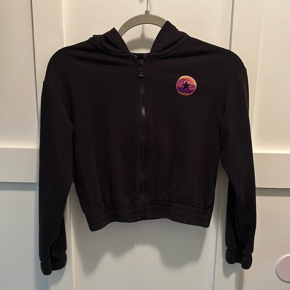 Girls Converse black full zip up hooded fleece lined  jacket size Medium 10-12